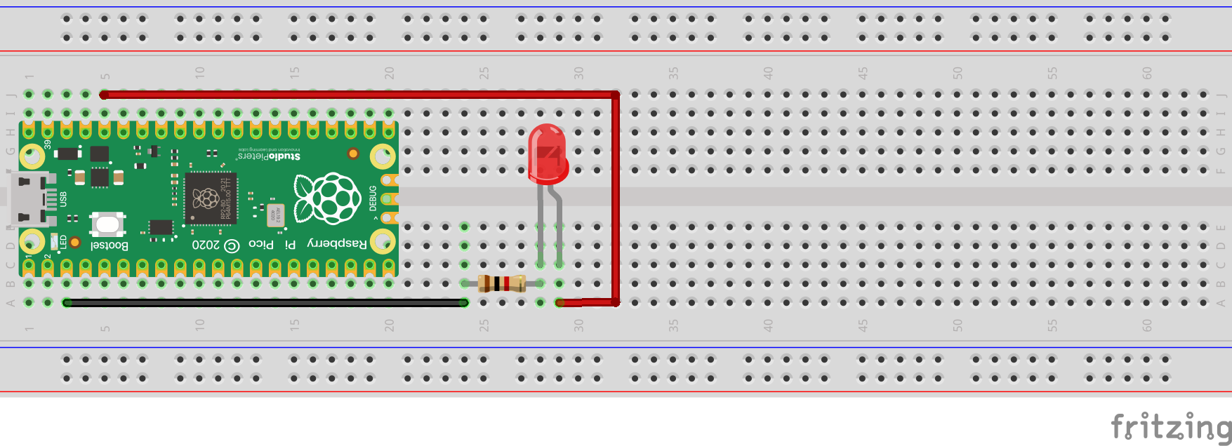 Pico with LED and resistor fully wired up