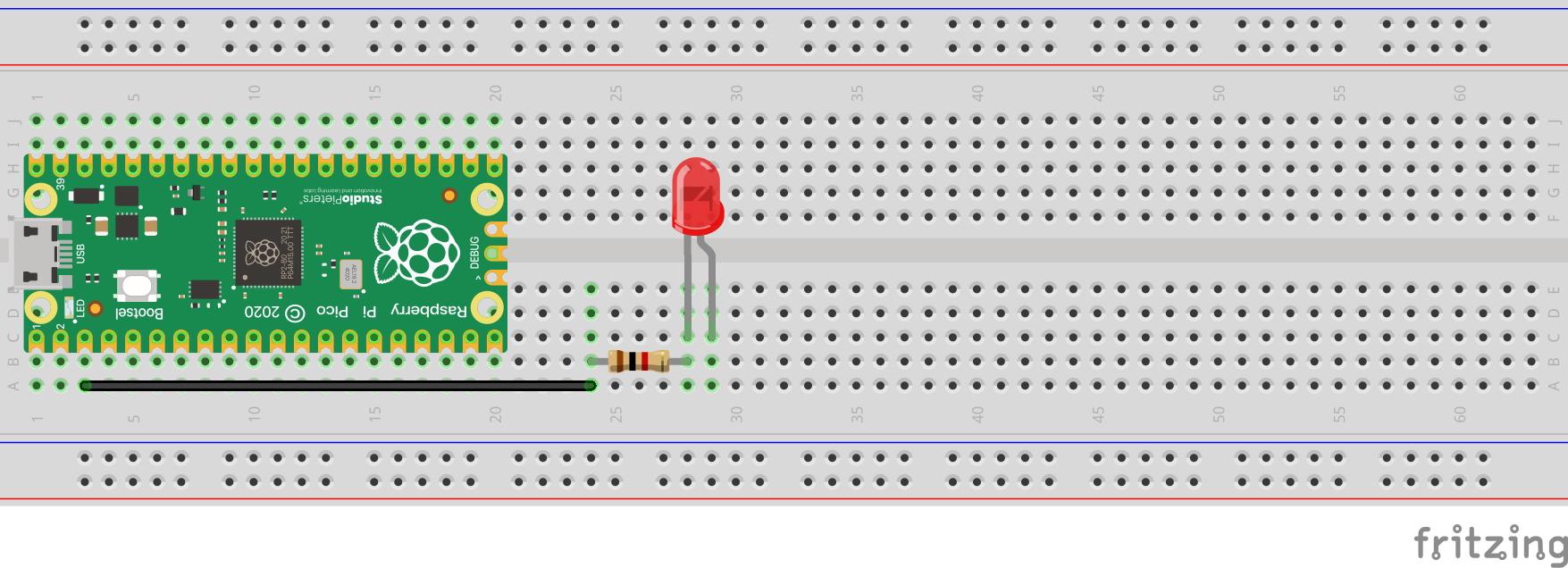 Pico with LED and resistor connected to ground